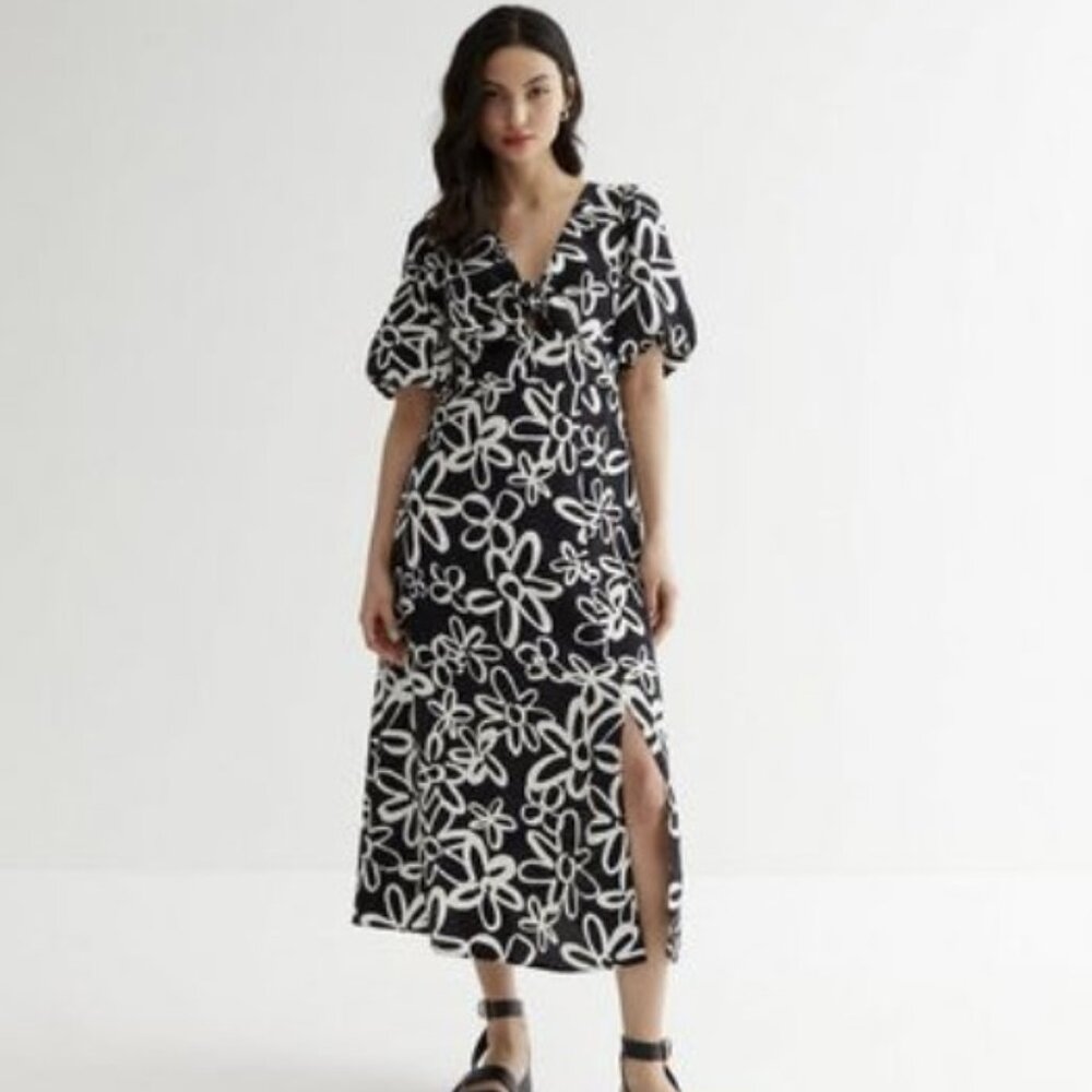 NWOT Black + White Floral puff sleeve midi dress 2P